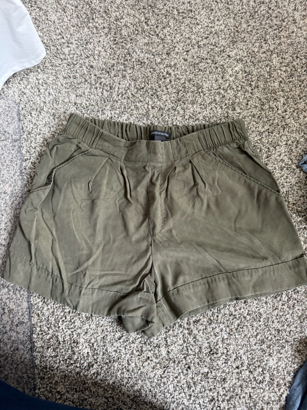 Chelsea & Theodore Olive High-Waist Pleated Utility Shorts
